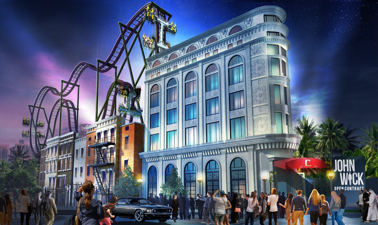 themed entertainment park lighting at night