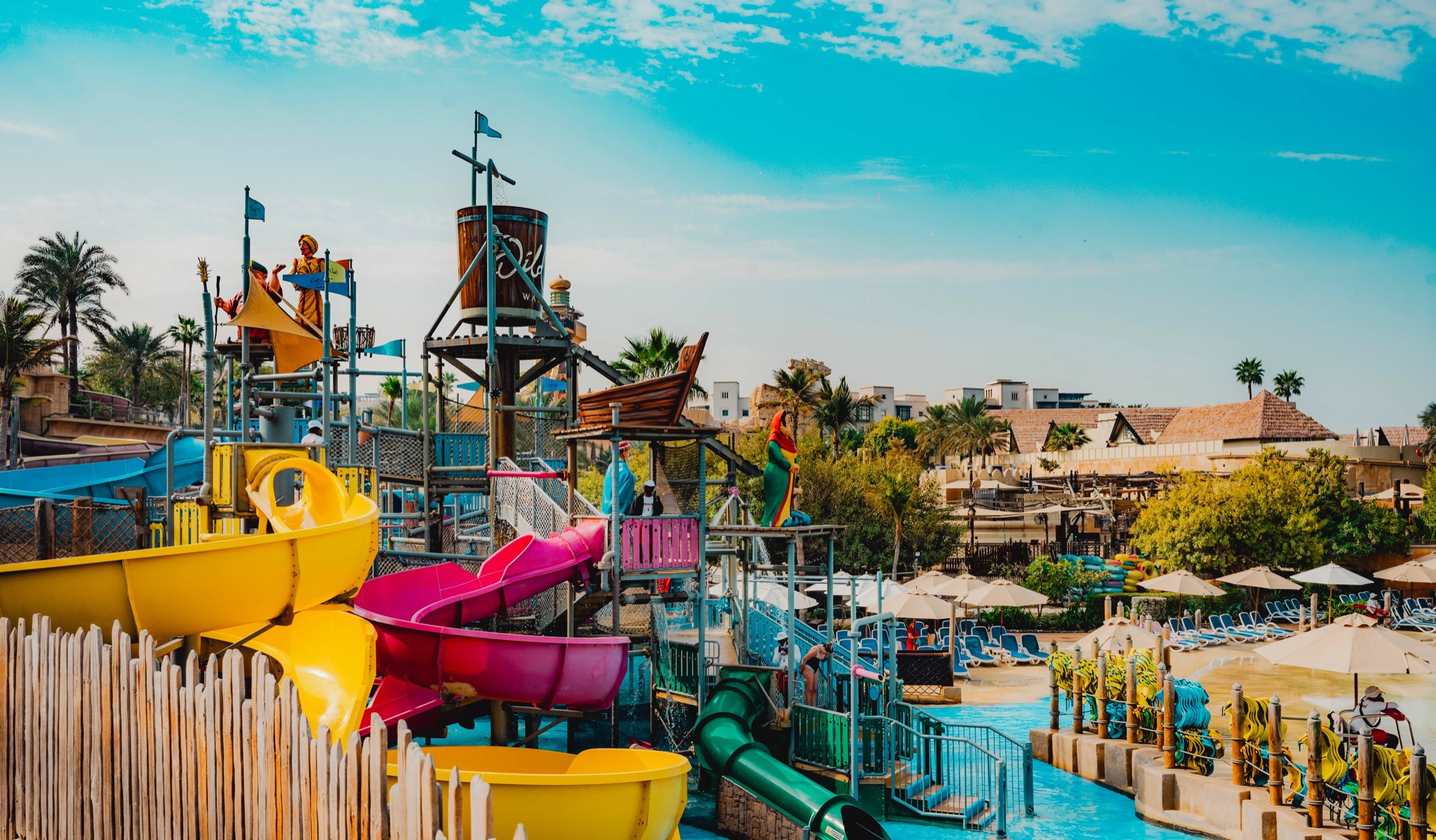 Colourful waterpark slides and play structures at Juha's Dhow